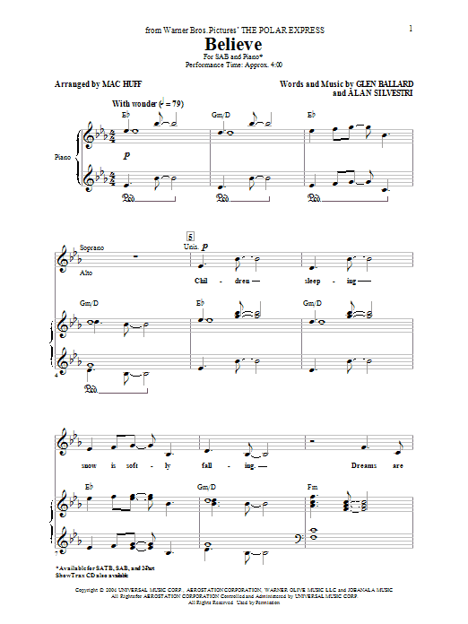 Learn to play Josh Groban Believe (from The Polar Express) (arr. Mac Huff) sheet music for SAB in minutes. Josh Groban Believe (from The Polar Express) (arr. Mac Huff) sheet music notes and chords. Download Printable PDF.