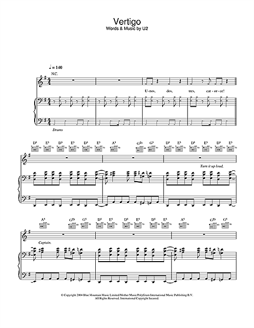 Learn to play U2 Vertigo sheet music for Piano, Vocal & Guitar (Right-Hand Melody) in minutes. U2 Vertigo sheet music notes and chords. Download Printable PDF.