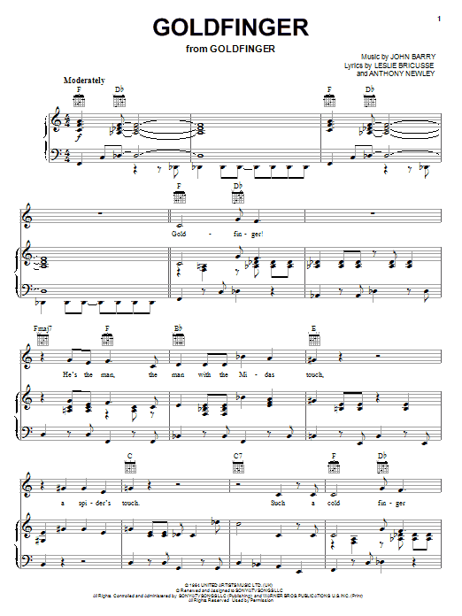 Learn to play Shirley Bassey Goldfinger sheet music for Piano, Vocal & Guitar (Right-Hand Melody) in minutes. Shirley Bassey Goldfinger sheet music notes and chords. Download Printable PDF.