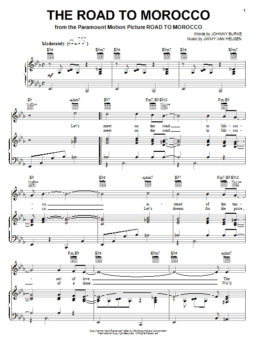 Learn to play Bing Crosby The Road To Morocco sheet music for Piano, Vocal & Guitar (Right-Hand Melody) in minutes. Bing Crosby The Road To Morocco sheet music notes and chords. Download Printable PDF.