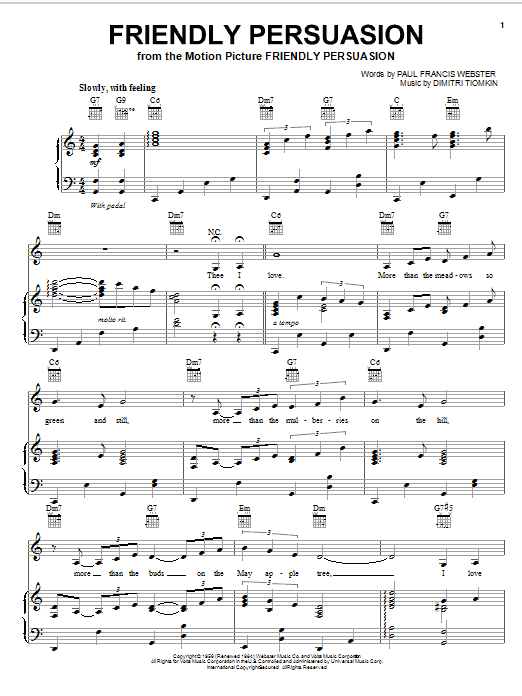 Learn to play Pat Boone Friendly Persuasion sheet music for Piano, Vocal & Guitar (Right-Hand Melody) in minutes. Pat Boone Friendly Persuasion sheet music notes and chords. Download Printable PDF.