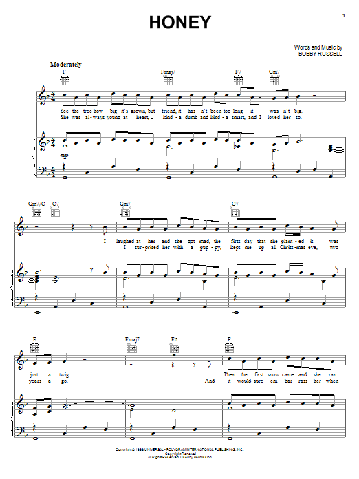 Learn to play Bobby Goldsboro Honey sheet music for Piano, Vocal & Guitar (Right-Hand Melody) in minutes. Bobby Goldsboro Honey sheet music notes and chords. Download Printable PDF.