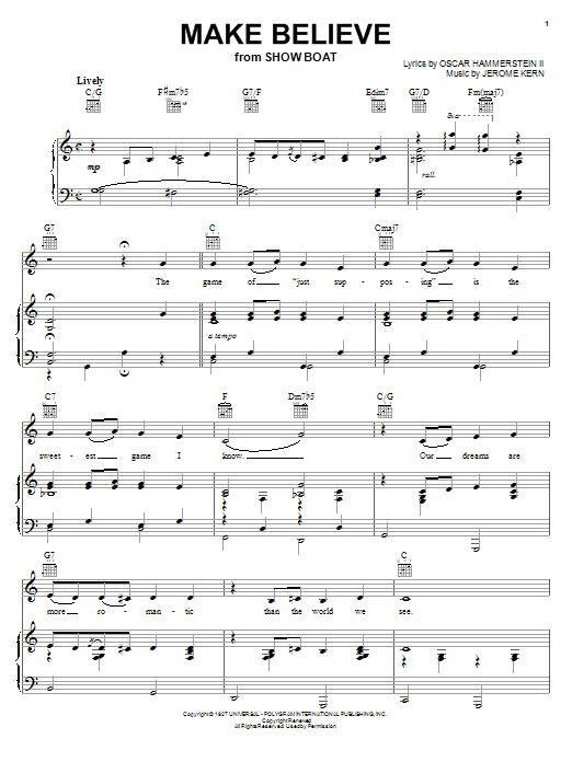 Learn to play Jerome Kern Make Believe sheet music for Piano, Vocal & Guitar (Right-Hand Melody) in minutes. Jerome Kern Make Believe sheet music notes and chords. Download Printable PDF.