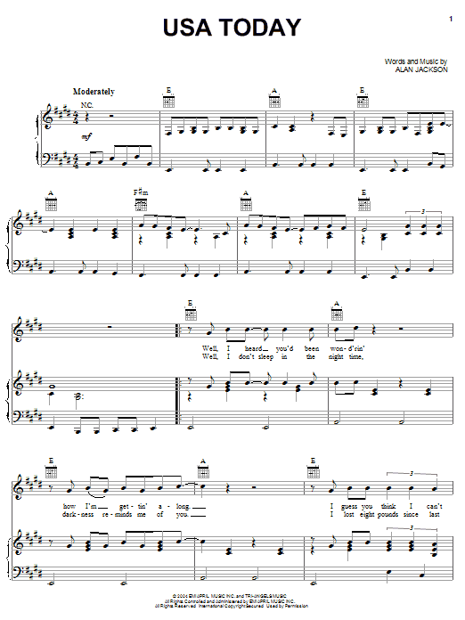 Learn to play Alan Jackson USA Today sheet music for Piano, Vocal & Guitar (Right-Hand Melody) in minutes. Alan Jackson USA Today sheet music notes and chords. Download Printable PDF.