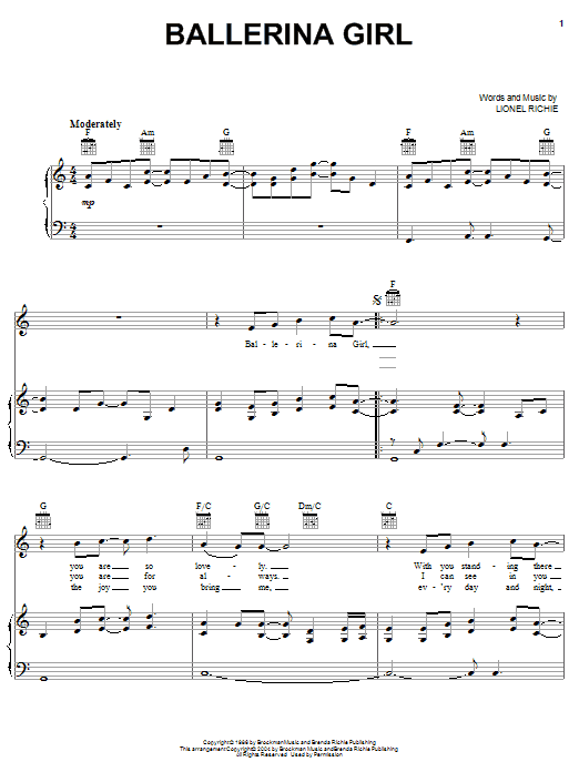 Learn to play Lionel Richie Ballerina Girl sheet music for Piano, Vocal & Guitar (Right-Hand Melody) in minutes. Lionel Richie Ballerina Girl sheet music notes and chords. Download Printable PDF.