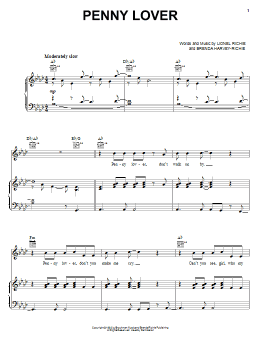 Learn to play Lionel Richie Penny Lover sheet music for Piano, Vocal & Guitar (Right-Hand Melody) in minutes. Lionel Richie Penny Lover sheet music notes and chords. Download Printable PDF.
