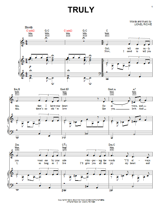 Learn to play Lionel Richie Truly sheet music for Piano, Vocal & Guitar (Right-Hand Melody) in minutes. Lionel Richie Truly sheet music notes and chords. Download Printable PDF.