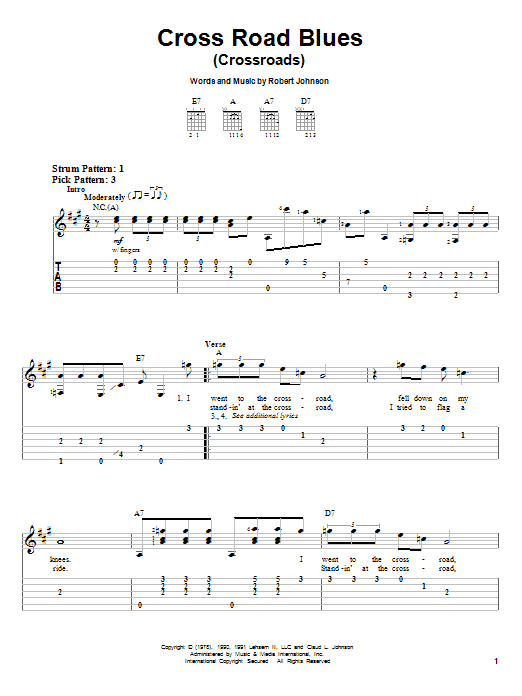 Learn to play Robert Johnson Cross Road Blues (Crossroads) sheet music for Easy Guitar Tab in minutes. Robert Johnson Cross Road Blues (Crossroads) sheet music notes and chords. Download Printable PDF.