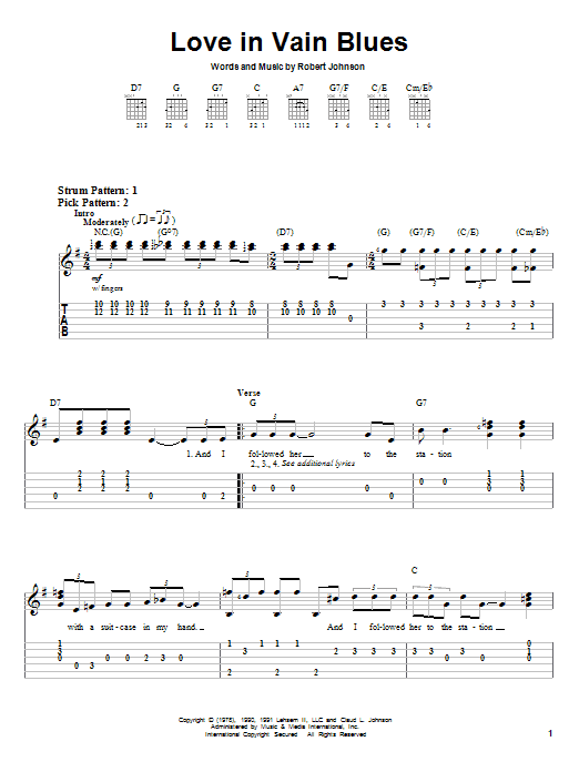 Learn to play Robert Johnson Love In Vain Blues sheet music for Easy Guitar Tab in minutes. Robert Johnson Love In Vain Blues sheet music notes and chords. Download Printable PDF.
