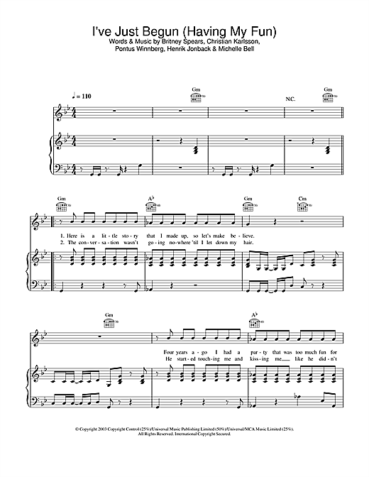 Learn to play Britney Spears I've Just Begun (Having My Fun) sheet music for Piano, Vocal & Guitar (Right-Hand Melody) in minutes. Britney Spears I've Just Begun (Having My Fun) sheet music notes and chords. Download Printable PDF.