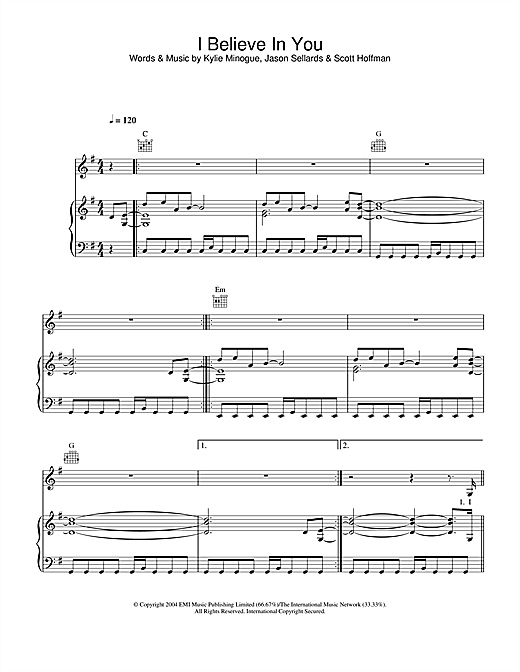 Learn to play Kylie Minogue I Believe In You sheet music for Piano, Vocal & Guitar in minutes. Kylie Minogue I Believe In You sheet music notes and chords. Download Printable PDF.