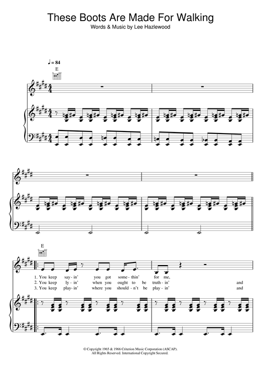 Learn to play Nancy Sinatra These Boots Are Made For Walking sheet music for Piano, Vocal & Guitar in minutes. Nancy Sinatra These Boots Are Made For Walking sheet music notes and chords. Download Printable PDF.