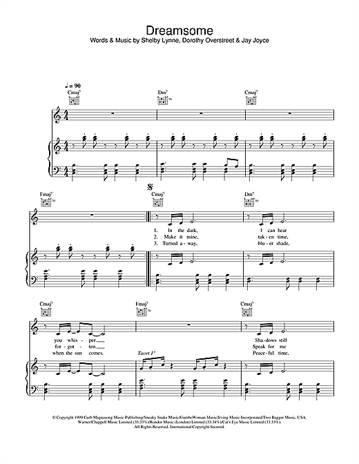 Learn to play Shelby Lynne Dreamsome (from Bridget Jones's Diary) sheet music for Piano, Vocal & Guitar (Right-Hand Melody) in minutes. Shelby Lynne Dreamsome (from Bridget Jones's Diary) sheet music notes and chords. Download Printable PDF.