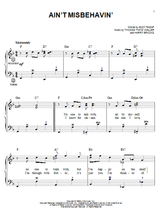 Learn to play Fats Waller Ain't Misbehavin' sheet music for Accordion in minutes. Fats Waller Ain't Misbehavin' sheet music notes and chords. Download Printable PDF.