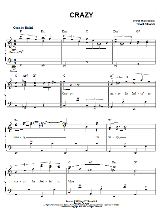 Learn to play Willie Nelson Crazy sheet music for Accordion in minutes. Willie Nelson Crazy sheet music notes and chords. Download Printable PDF.