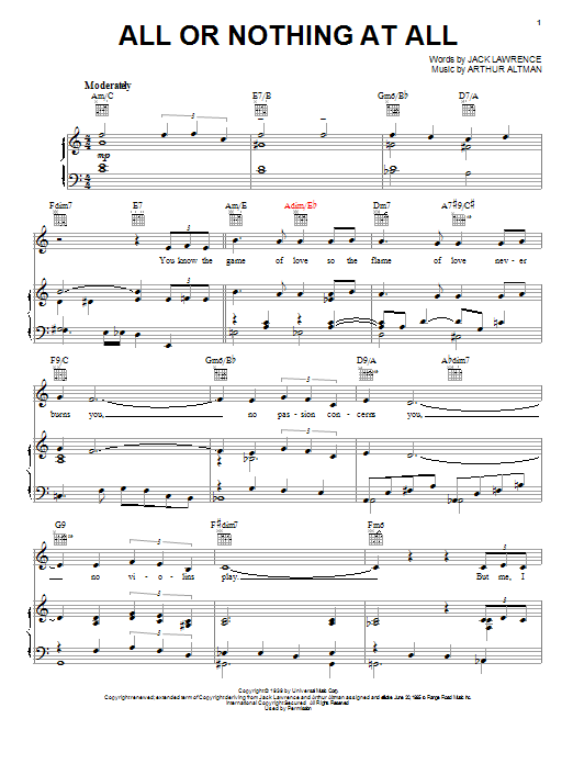Learn to play Frank Sinatra All Or Nothing At All sheet music for Piano, Vocal & Guitar (Right-Hand Melody) in minutes. Frank Sinatra All Or Nothing At All sheet music notes and chords. Download Printable PDF.