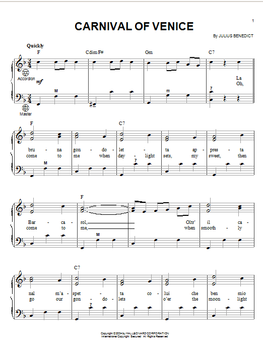 Learn to play Julius Benedict Carnival Of Venice sheet music for Accordion in minutes. Julius Benedict Carnival Of Venice sheet music notes and chords. Download Printable PDF.