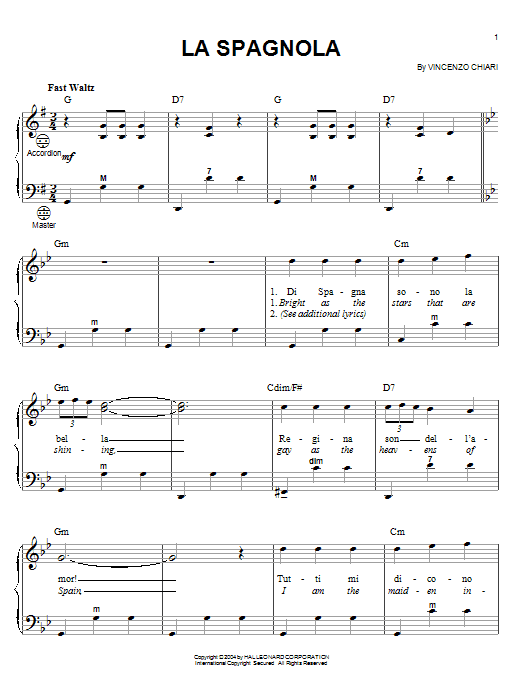 Learn to play Mario Lanza La Spagnola sheet music for Accordion in minutes. Mario Lanza La Spagnola sheet music notes and chords. Download Printable PDF.