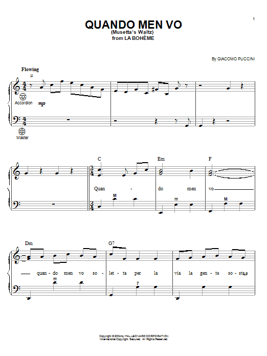 Learn to play Giacomo Puccini Quando Men Vo (Mussetta's Waltz) sheet music for Accordion in minutes. Giacomo Puccini Quando Men Vo (Mussetta's Waltz) sheet music notes and chords. Download Printable PDF.