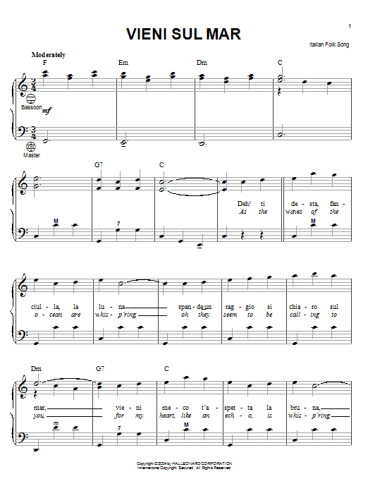 Learn to play Italian Folksong Vieni Sul Mar sheet music for Accordion in minutes. Italian Folksong Vieni Sul Mar sheet music notes and chords. Download Printable PDF.