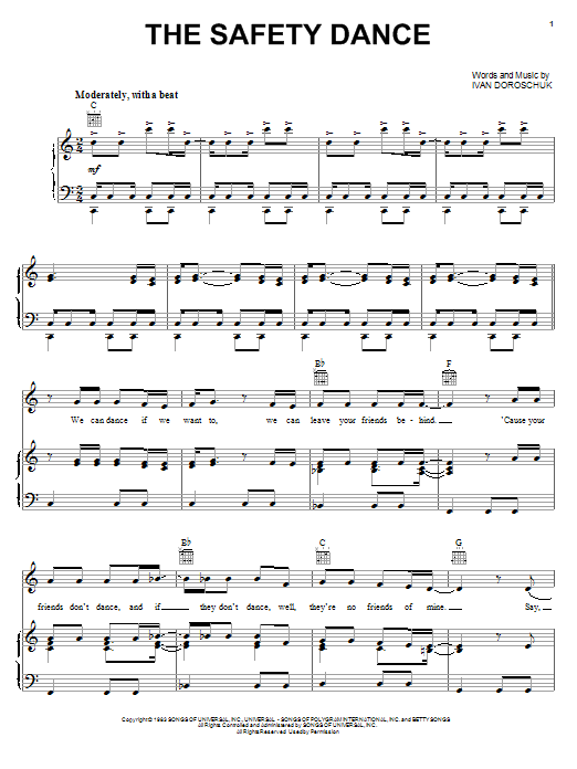 Learn to play Men Without Hats The Safety Dance sheet music for Piano, Vocal & Guitar (Right-Hand Melody) in minutes. Men Without Hats The Safety Dance sheet music notes and chords. Download Printable PDF.
