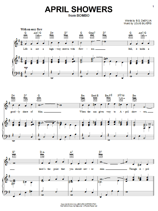 Learn to play Al Jolson April Showers sheet music for Piano, Vocal & Guitar (Right-Hand Melody) in minutes. Al Jolson April Showers sheet music notes and chords. Download Printable PDF.