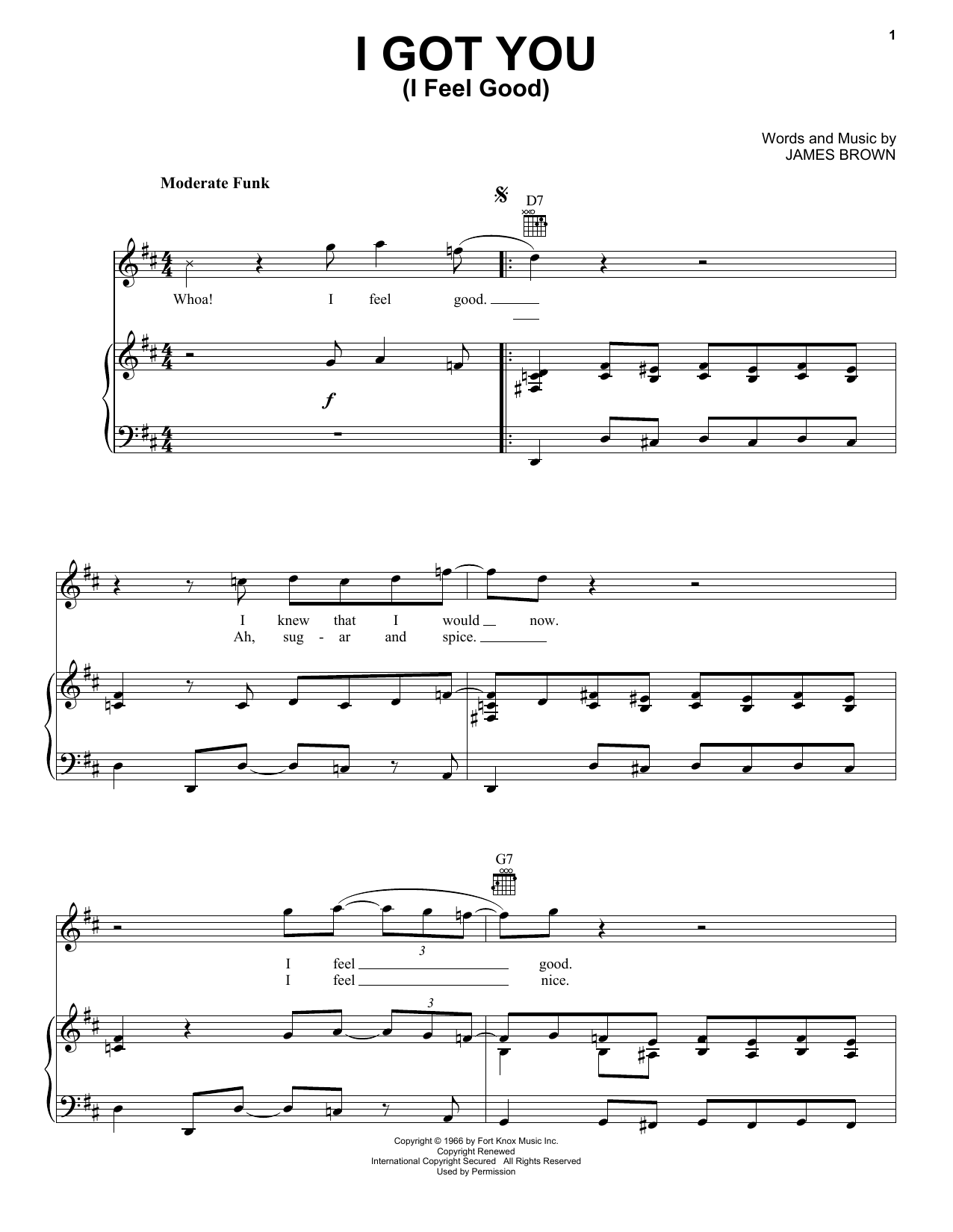 Learn to play James Brown I Got You (I Feel Good) sheet music for Piano, Vocal & Guitar (Right-Hand Melody) in minutes. James Brown I Got You (I Feel Good) sheet music notes and chords. Download Printable PDF.