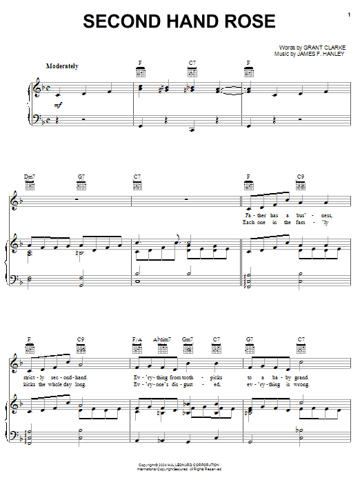 Learn to play Fannie Brice Second Hand Rose sheet music for Piano, Vocal & Guitar (Right-Hand Melody) in minutes. Fannie Brice Second Hand Rose sheet music notes and chords. Download Printable PDF.