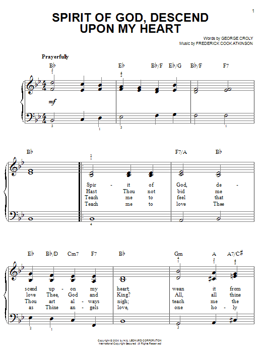 Learn to play George Croly Spirit Of God, Descend Upon My Heart sheet music for Easy Piano in minutes. George Croly Spirit Of God, Descend Upon My Heart sheet music notes and chords. Download Printable PDF.