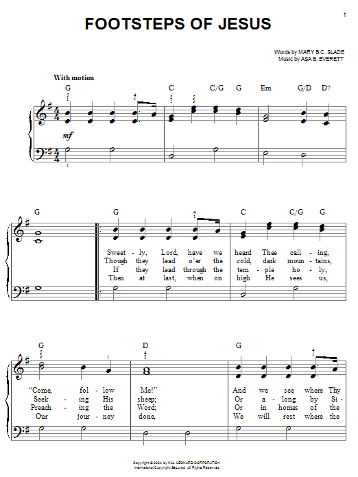 Learn to play Mary B.C. Slade Footsteps Of Jesus sheet music for Easy Piano in minutes. Mary B.C. Slade Footsteps Of Jesus sheet music notes and chords. Download Printable PDF.