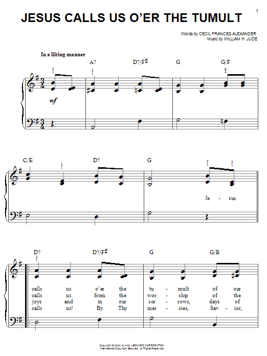 Learn to play Cecil Frances Alexander Jesus Calls Us O'er The Tumult sheet music for Easy Piano in minutes. Cecil Frances Alexander Jesus Calls Us O'er The Tumult sheet music notes and chords. Download Printable PDF.