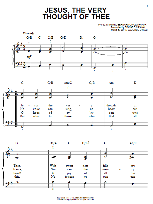 Learn to play Bernard of Clairvaux Jesus, The Very Thought Of Thee sheet music for Easy Piano in minutes. Bernard of Clairvaux Jesus, The Very Thought Of Thee sheet music notes and chords. Download Printable PDF.