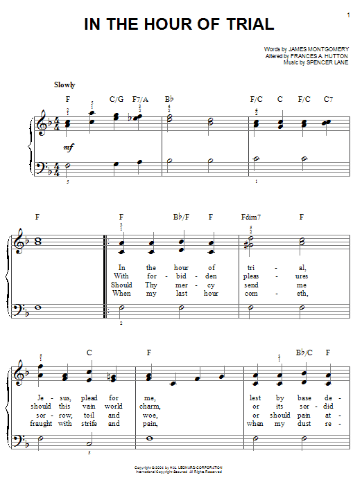 Learn to play James Montgomery In The Hour Of Trial sheet music for Easy Piano in minutes. James Montgomery In The Hour Of Trial sheet music notes and chords. Download Printable PDF.