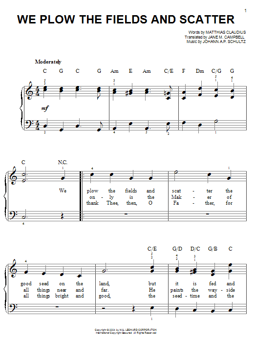 Learn to play Matthias Claudius We Plow The Fields And Scatter sheet music for Easy Piano in minutes. Matthias Claudius We Plow The Fields And Scatter sheet music notes and chords. Download Printable PDF.