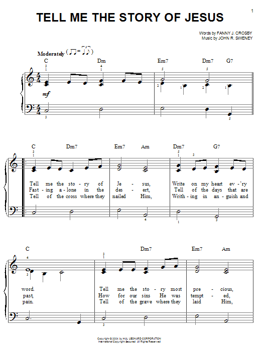Learn to play Fanny J. Crosby Tell Me The Story Of Jesus sheet music for Easy Piano in minutes. Fanny J. Crosby Tell Me The Story Of Jesus sheet music notes and chords. Download Printable PDF.