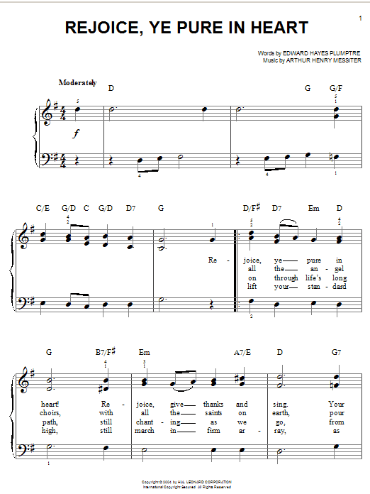 Learn to play Arthur Henry Messiter Rejoice, Ye Pure In Heart sheet music for Easy Piano in minutes. Arthur Henry Messiter Rejoice, Ye Pure In Heart sheet music notes and chords. Download Printable PDF.
