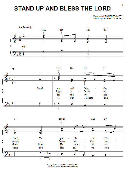 Learn to play James Montgomery Stand Up And Bless The Lord sheet music for Easy Piano in minutes. James Montgomery Stand Up And Bless The Lord sheet music notes and chords. Download Printable PDF.