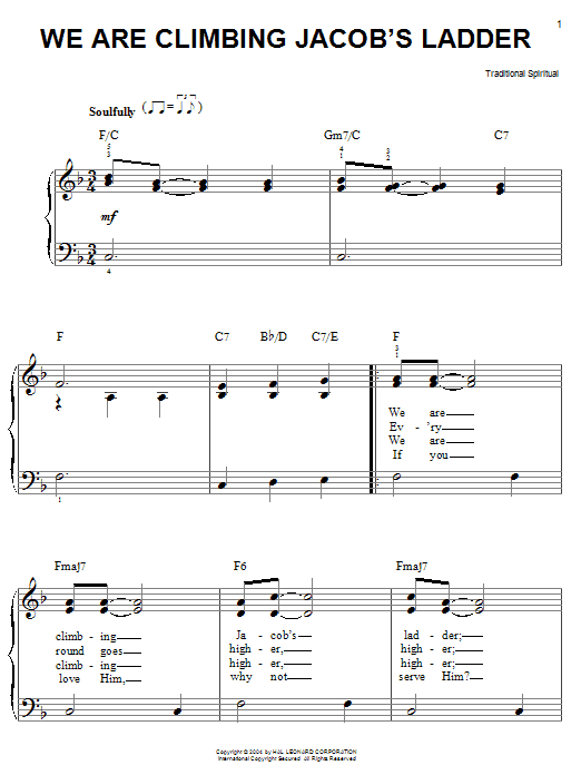 Learn to play African-American Spiritual We Are Climbing Jacob's Ladder sheet music for Easy Piano in minutes. African-American Spiritual We Are Climbing Jacob's Ladder sheet music notes and chords. Download Printable PDF.