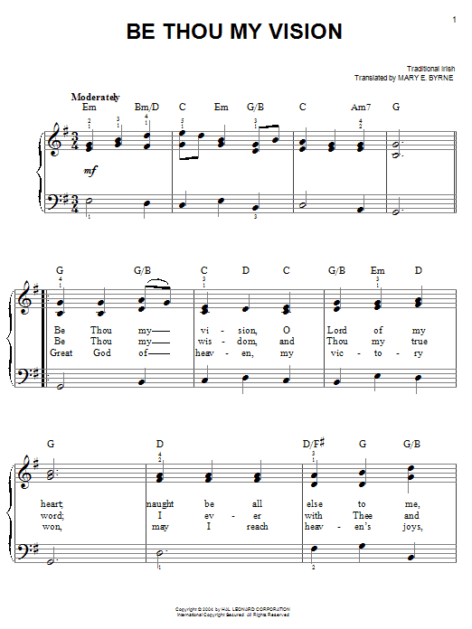Learn to play Mary E. Byrne Be Thou My Vision sheet music for Easy Piano in minutes. Mary E. Byrne Be Thou My Vision sheet music notes and chords. Download Printable PDF.