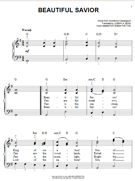 Learn to play Musterisch Gesangbuch Beautiful Savior sheet music for Easy Piano in minutes. Musterisch Gesangbuch Beautiful Savior sheet music notes and chords. Download Printable PDF.