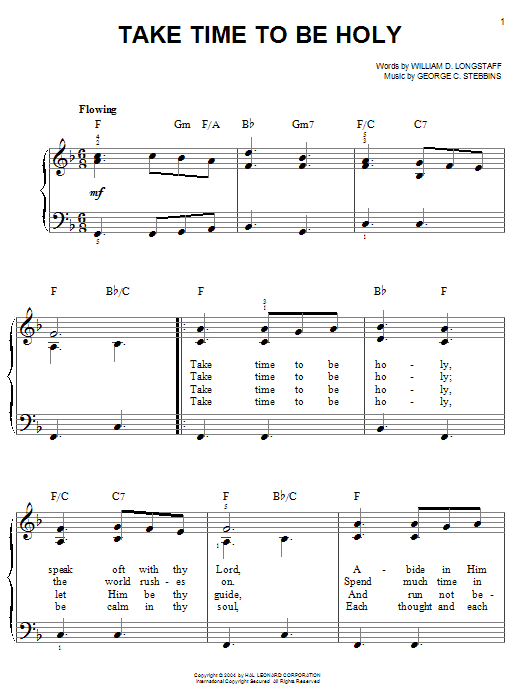 Learn to play William D. Longstaff Take Time To Be Holy sheet music for Easy Piano in minutes. William D. Longstaff Take Time To Be Holy sheet music notes and chords. Download Printable PDF.