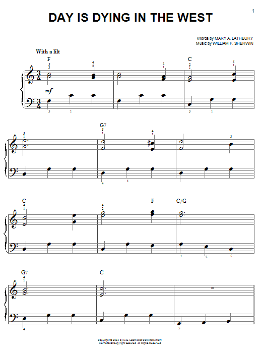 Learn to play William F. Sherwin Day Is Dying In The West sheet music for Easy Piano in minutes. William F. Sherwin Day Is Dying In The West sheet music notes and chords. Download Printable PDF.
