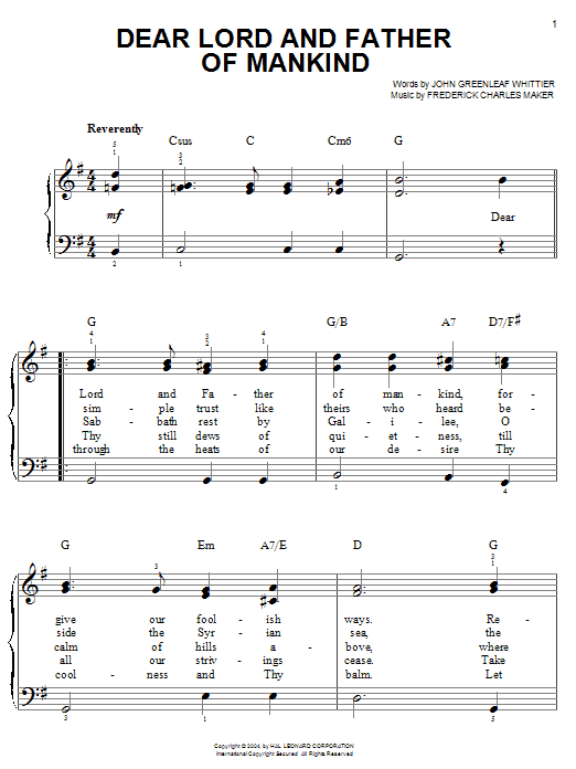 Learn to play John Greenleaf Whittier Dear Lord And Father Of Mankind sheet music for Easy Piano in minutes. John Greenleaf Whittier Dear Lord And Father Of Mankind sheet music notes and chords. Download Printable PDF.
