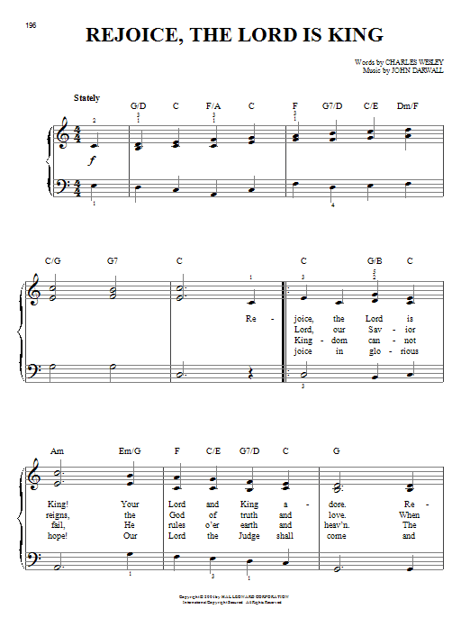 Learn to play Charles Wesley Rejoice, The Lord Is King sheet music for Easy Piano in minutes. Charles Wesley Rejoice, The Lord Is King sheet music notes and chords. Download Printable PDF.