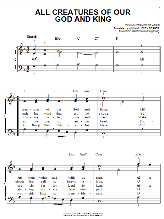Learn to play Francis of Assisi All Creatures Of Our God And King sheet music for Easy Piano in minutes. Francis of Assisi All Creatures Of Our God And King sheet music notes and chords. Download Printable PDF.