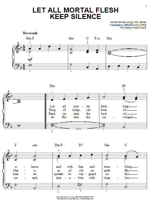 Learn to play Traditional Carol Let All Mortal Flesh Keep Silence sheet music for Easy Piano in minutes. Traditional Carol Let All Mortal Flesh Keep Silence sheet music notes and chords. Download Printable PDF.