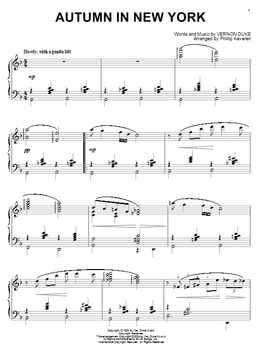 Learn to play Vernon Duke Autumn In New York sheet music for Piano in minutes. Vernon Duke Autumn In New York sheet music notes and chords. Download Printable PDF.