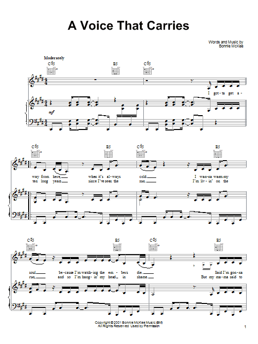 Learn to play Bonnie McKee A Voice That Carries sheet music for Piano, Vocal & Guitar (Right-Hand Melody) in minutes. Bonnie McKee A Voice That Carries sheet music notes and chords. Download Printable PDF.