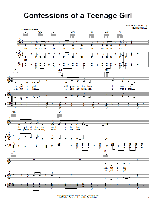 Learn to play Bonnie McKee Confessions Of A Teenage Girl sheet music for Piano, Vocal & Guitar (Right-Hand Melody) in minutes. Bonnie McKee Confessions Of A Teenage Girl sheet music notes and chords. Download Printable PDF.