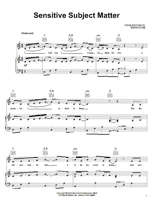 Learn to play Bonnie McKee Sensitive Subject Matter sheet music for Piano, Vocal & Guitar (Right-Hand Melody) in minutes. Bonnie McKee Sensitive Subject Matter sheet music notes and chords. Download Printable PDF.
